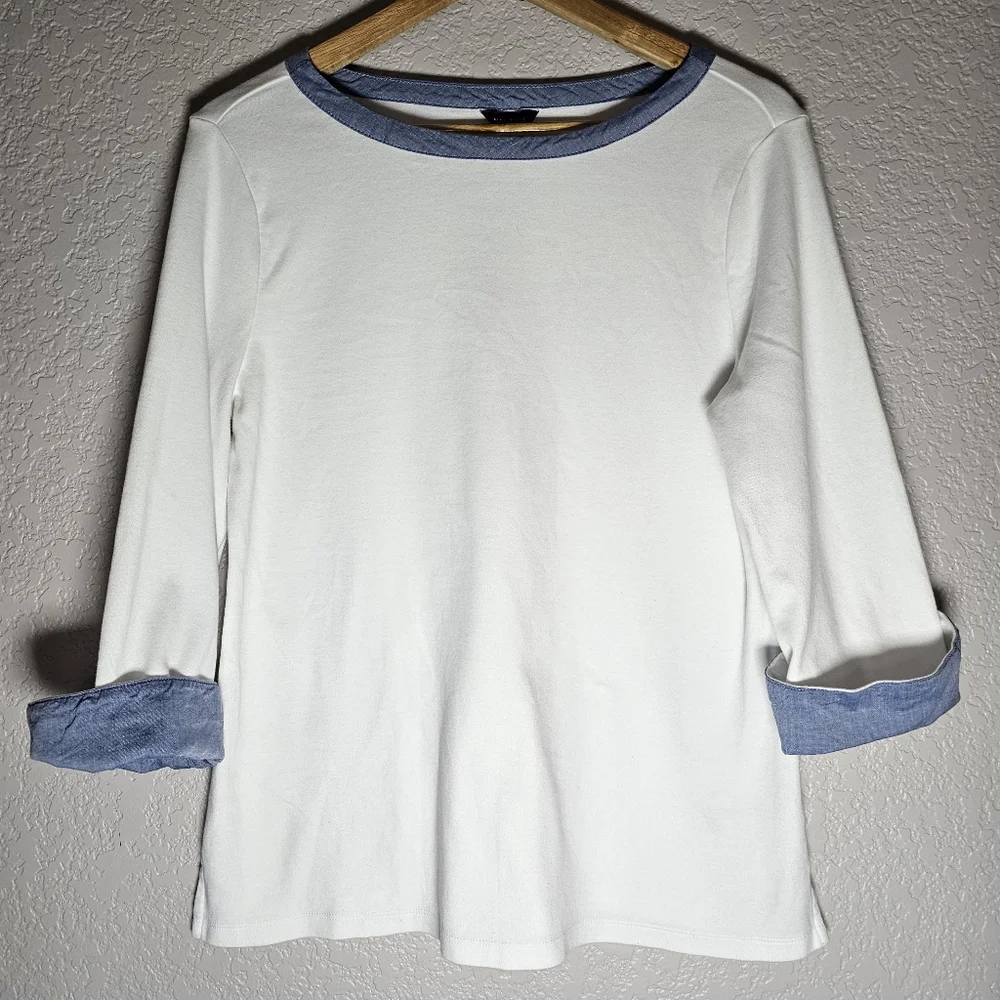 Nautica Women's 3/4 Cuffed Sleeve White Chambray Casual Top Size Large - Picture 4 of 8